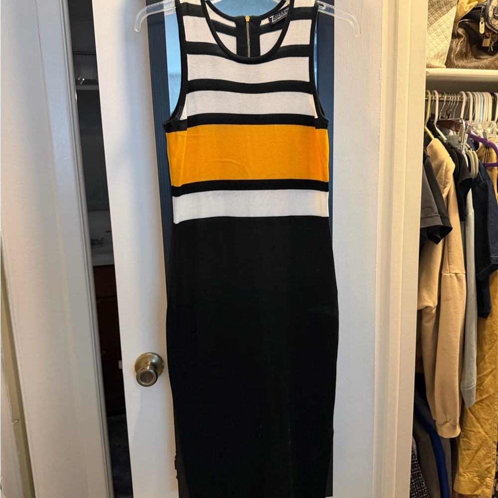 7th Ave NY  Black, White & Mustard Striped Sleeveless Midi Dress